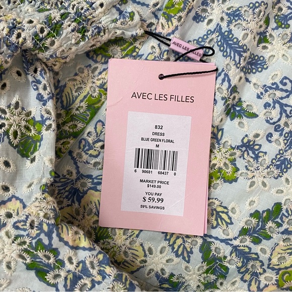 Avec Les Filles Floral Eyelet Puff Sleeve Mini Dress Size Medium Blue Green - Picture 7 of 10